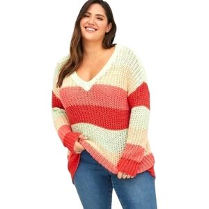 TORRID Plus Size multi- color striped V- neck cozy pullover sweater 1X-2X